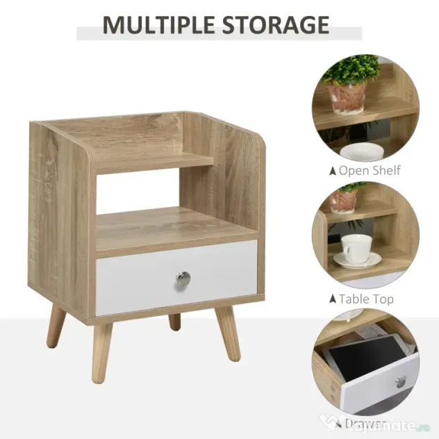 HOMCOM Noptieră cu Sertar și Raft, Mobilier Compact pentru Dormitor sau Sufragerie, Economie Spațiu, Lemn, Alb | Aosom Romania