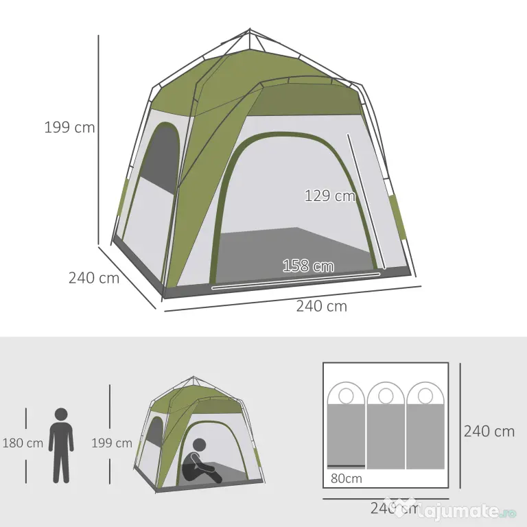 Outsunny Cort pentru Camping cu 2 Locuri, Cort cu Ușă, 3 Ferestre cu Plasă și Geantă pentru Transport, 240x240x199 cm, Verde | Aosom Romania