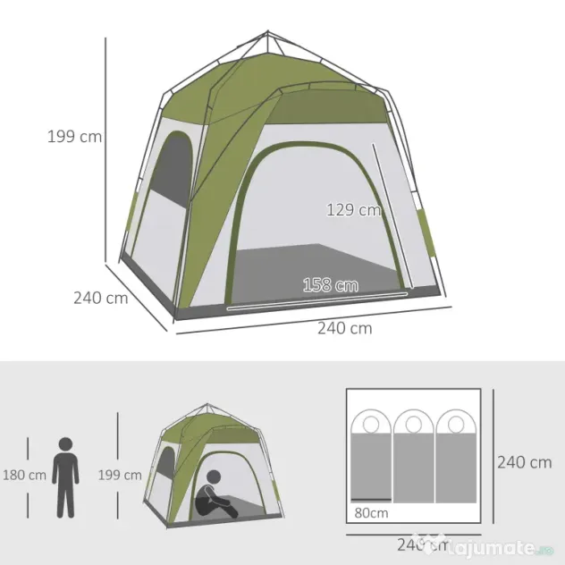 Outsunny Cort pentru Camping cu 2 Locuri, Cort cu Ușă, 3 Ferestre cu Plasă și Geantă pentru Transport, 240x240x199 cm, Verde | Aosom Romania