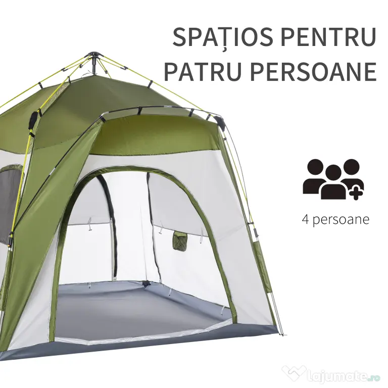 Outsunny Cort pentru Camping cu 2 Locuri, Cort cu Ușă, 3 Ferestre cu Plasă și Geantă pentru Transport, 240x240x199 cm, Verde | Aosom Romania