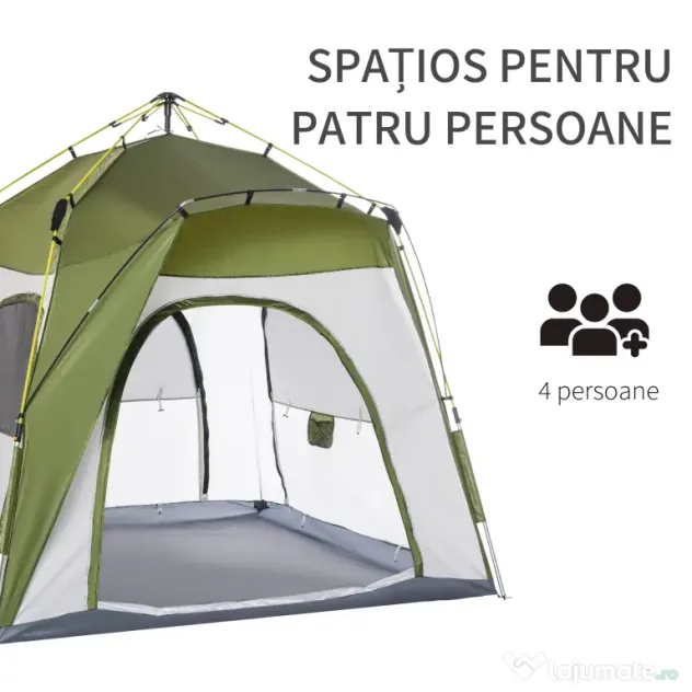 Outsunny Cort pentru Camping cu 2 Locuri, Cort cu Ușă, 3 Ferestre cu Plasă și Geantă pentru Transport, 240x240x199 cm, Verde | Aosom Romania