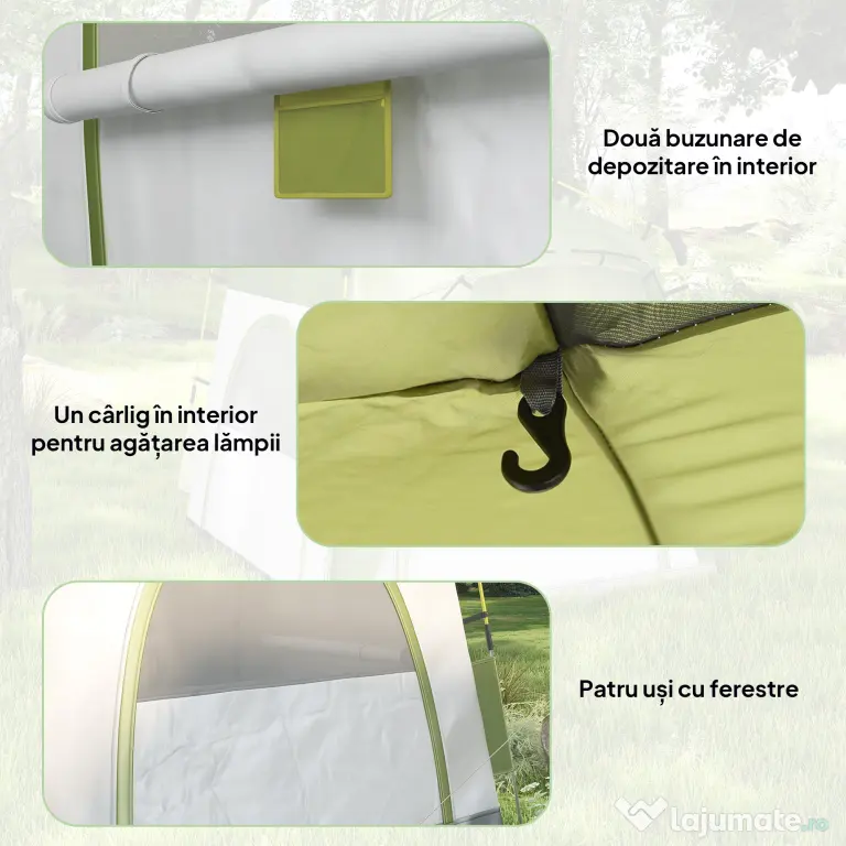 Outsunny Cort pentru Camping cu 2 Locuri, Cort cu Ușă, 3 Ferestre cu Plasă și Geantă pentru Transport, 240x240x199 cm, Verde | Aosom Romania
