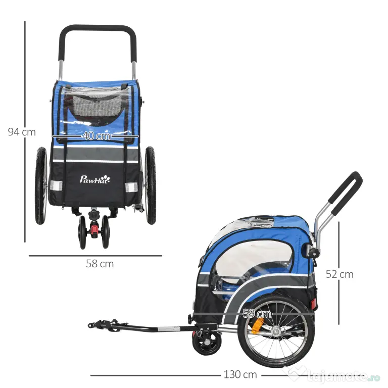 PawHut Carucior pentru Caini cu Prindere Bicicleta Spatiu Mare Albastru 130x58x94cm Ideal pentru Plimbari | Aosom Romania