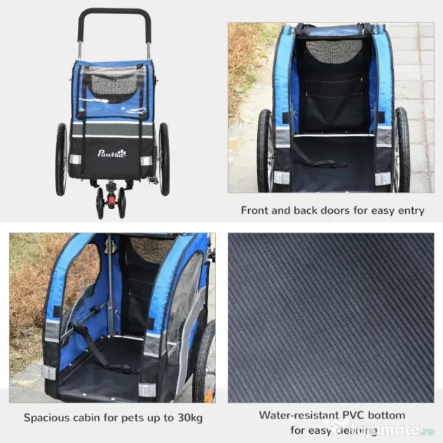 PawHut Carucior pentru Caini cu Prindere Bicicleta Spatiu Mare Albastru 130x58x94cm Ideal pentru Plimbari | Aosom Romania