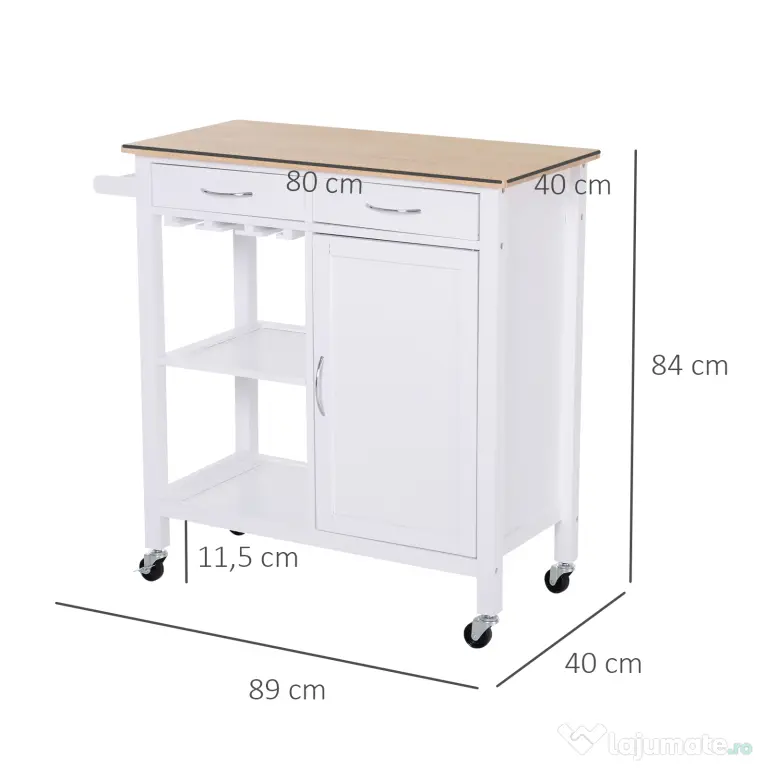 Carucior de bucatarie HOMCOM, dulap cu 2 sertare si roti | Aosom Romania