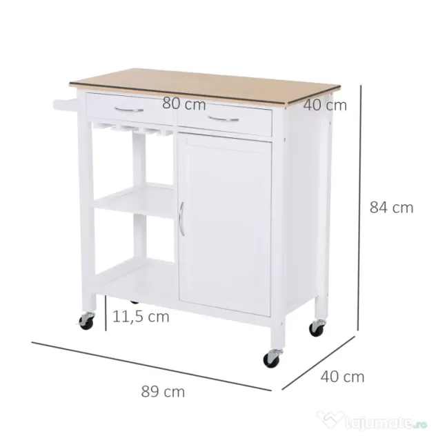 Carucior de bucatarie HOMCOM, dulap cu 2 sertare si roti | Aosom Romania