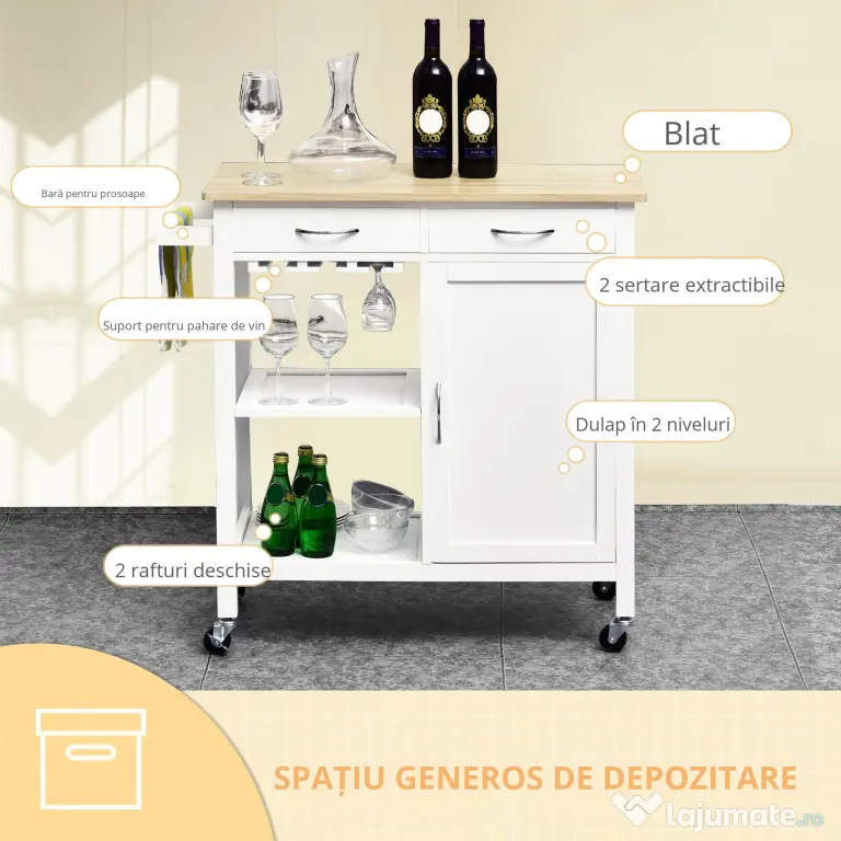 Carucior de bucatarie HOMCOM, dulap cu 2 sertare si roti | Aosom Romania