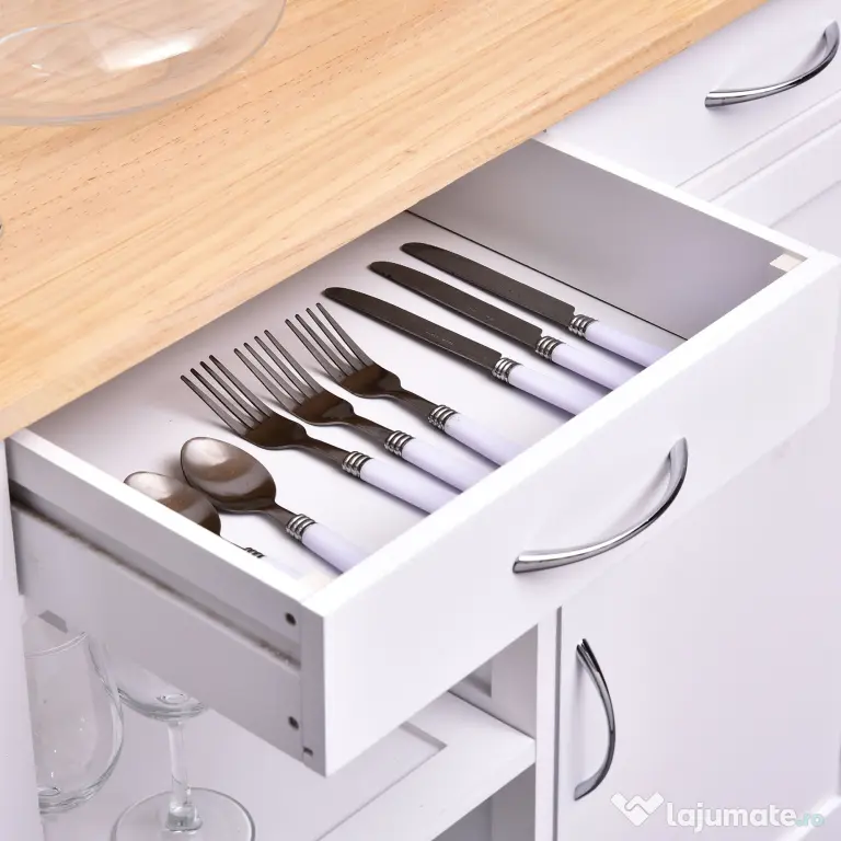 Carucior de bucatarie HOMCOM, dulap cu 2 sertare si roti | Aosom Romania