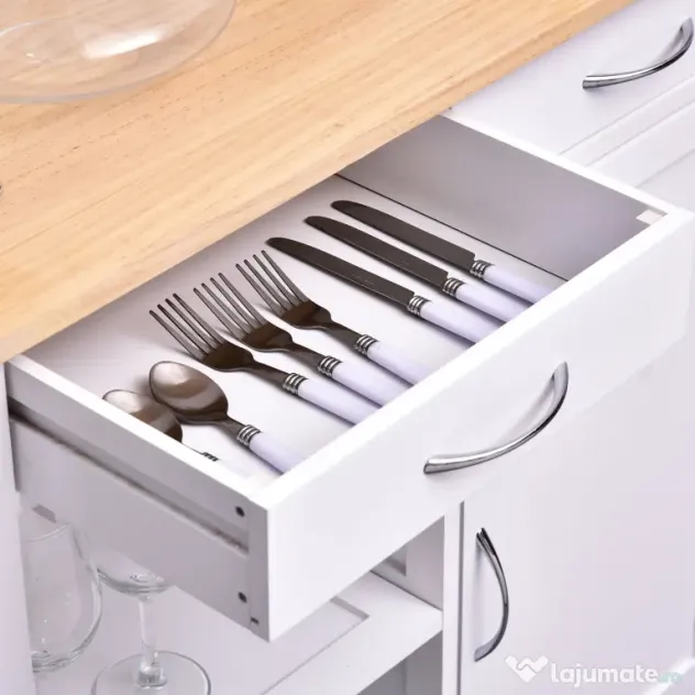 Carucior de bucatarie HOMCOM, dulap cu 2 sertare si roti | Aosom Romania