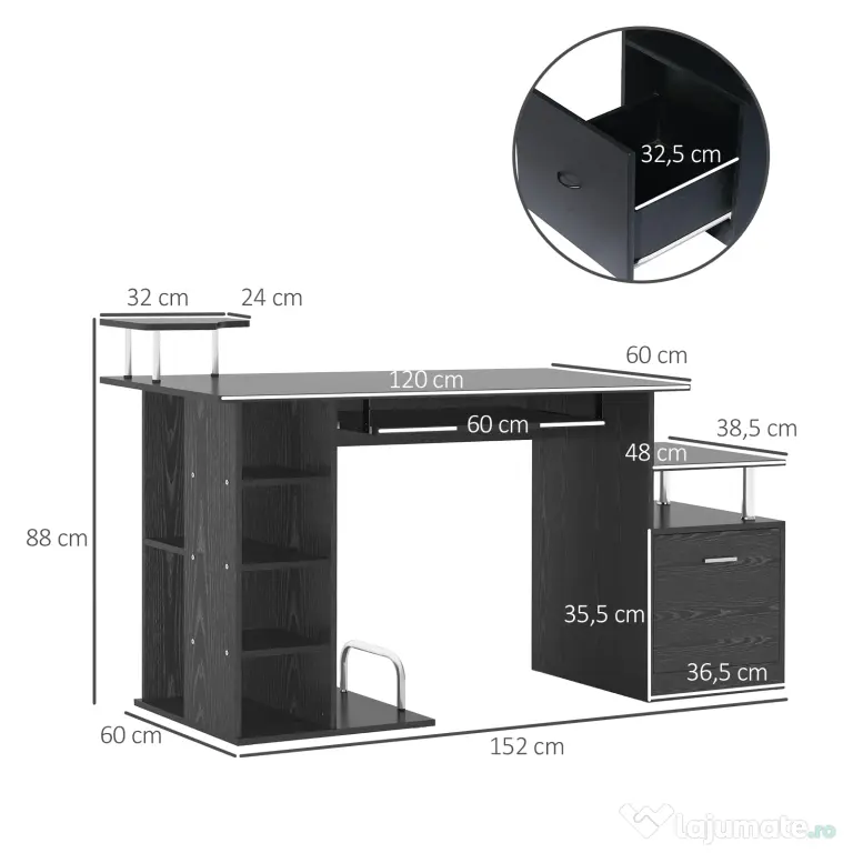 HOMCOM Birou Modern pentru Computer cu Sertare, Rafturi și Suport Detașabil pentru Tastatură, 152x60x88 cm, Negru | Aosom Romania