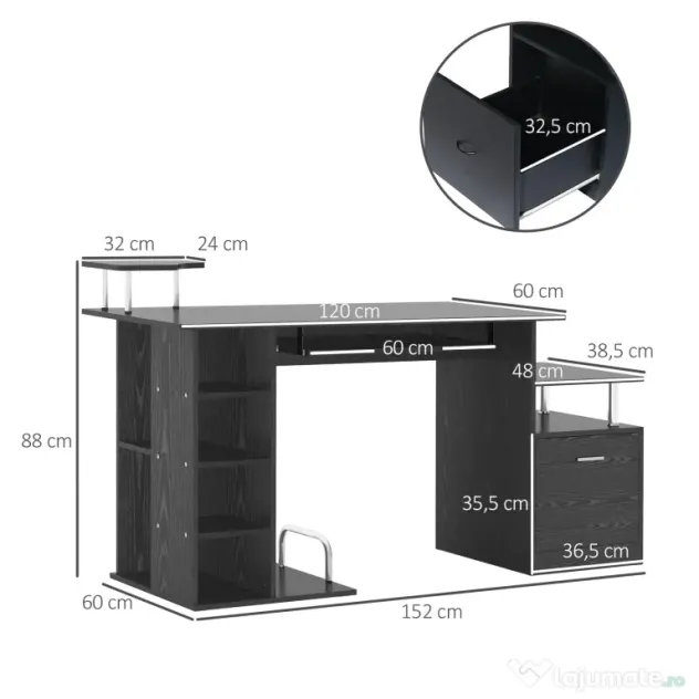 HOMCOM Birou Modern pentru Computer cu Sertare, Rafturi și Suport Detașabil pentru Tastatură, 152x60x88 cm, Negru | Aosom Romania