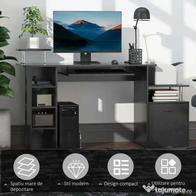 HOMCOM Birou Modern pentru Computer cu Sertare, Rafturi și Suport Detașabil pentru Tastatură, 152x60x88 cm, Negru | Aosom Romania