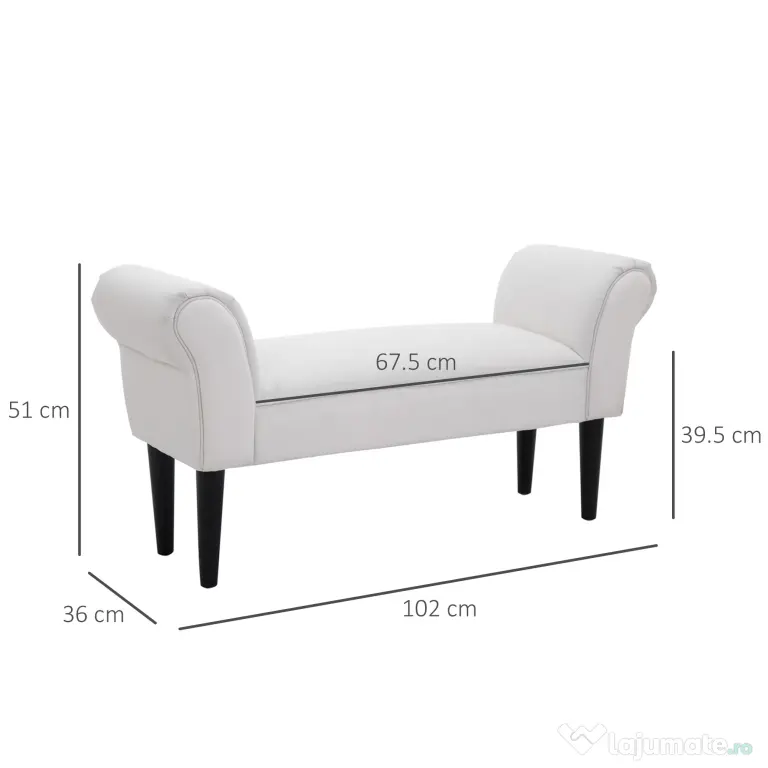 HOMCOM Bancă de Capăt de Pat cu Cotiere Rulate, Bancă Căptușită pentru Dormitor, 102x36x51 cm, Alb | Aosom Romania