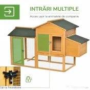 PawHut Cote din Lemn cu Casuta pentru Gaini, Spatiu Deschis si Plasa, 168x75x103 cm 