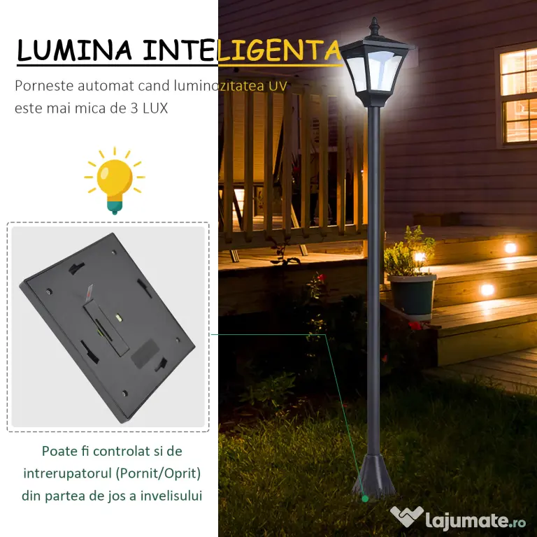 Outsunny Felinar de Gradina Led Panouri Solare, Negru, 120cm