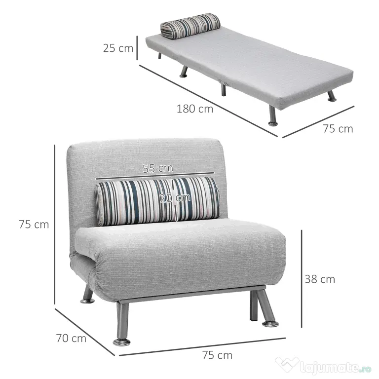 Fotoliu pat extensibil HOMCOM din Fier și Bumbac cu Pernă cu Dungi, Gri 75x70x75cm | Aosom Romania