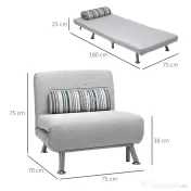 Fotoliu pat extensibil HOMCOM din Fier și Bumbac cu Pernă cu Dungi, Gri 75x70x75cm | Aosom Romania