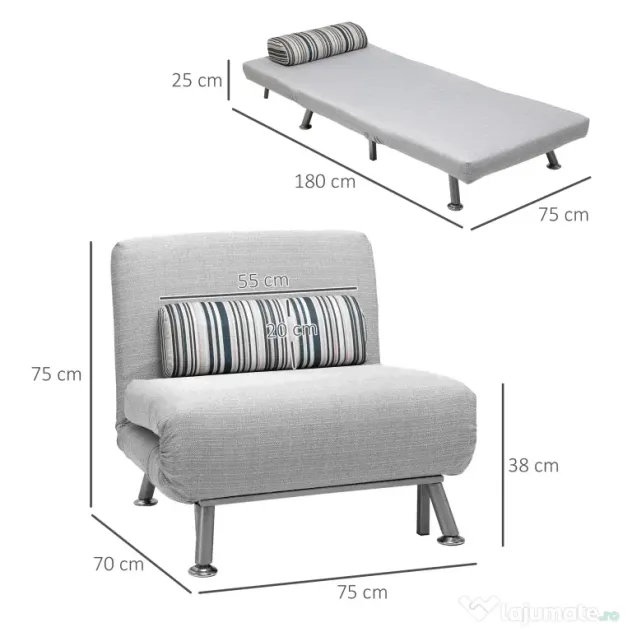 Fotoliu pat extensibil HOMCOM din Fier și Bumbac cu Pernă cu Dungi, Gri 75x70x75cm | Aosom Romania