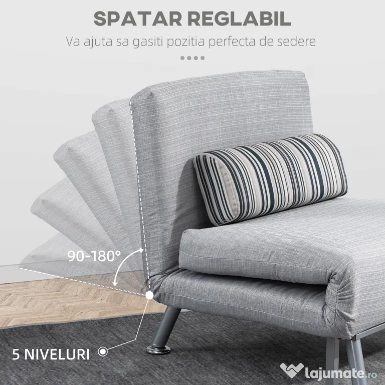 Fotoliu pat extensibil HOMCOM din Fier și Bumbac cu Pernă cu Dungi, Gri 75x70x75cm | Aosom Romania