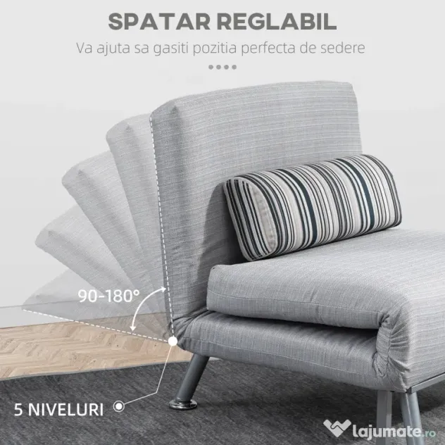 Fotoliu pat extensibil HOMCOM din Fier și Bumbac cu Pernă cu Dungi, Gri 75x70x75cm | Aosom Romania
