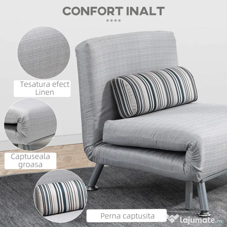 Fotoliu pat extensibil HOMCOM din Fier și Bumbac cu Pernă cu Dungi, Gri 75x70x75cm | Aosom Romania