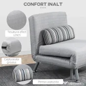 Fotoliu pat extensibil HOMCOM din Fier și Bumbac cu Pernă cu Dungi, Gri 75x70x75cm | Aosom Romania