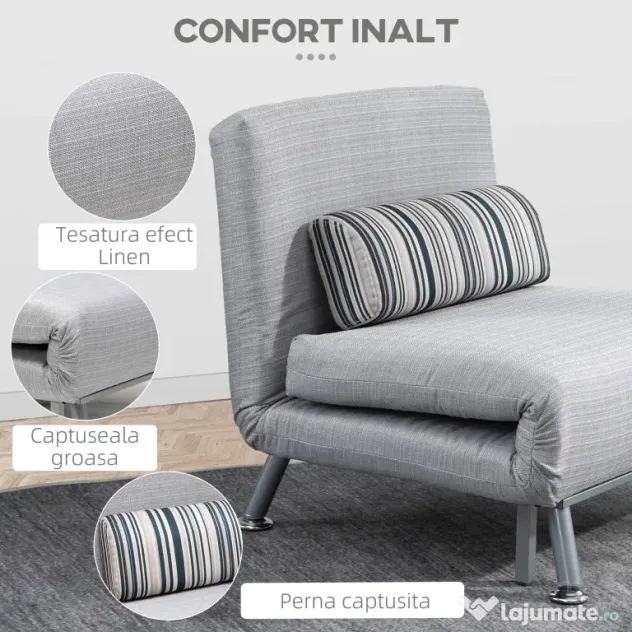 Fotoliu pat extensibil HOMCOM din Fier și Bumbac cu Pernă cu Dungi, Gri 75x70x75cm | Aosom Romania