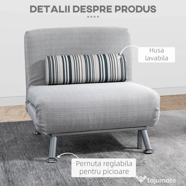Fotoliu pat extensibil HOMCOM din Fier și Bumbac cu Pernă cu Dungi, Gri 75x70x75cm | Aosom Romania