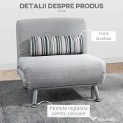Fotoliu pat extensibil HOMCOM din Fier și Bumbac cu Pernă cu Dungi, Gri 75x70x75cm | Aosom Romania