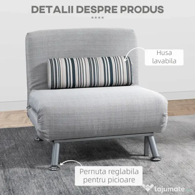 Fotoliu pat extensibil HOMCOM din Fier și Bumbac cu Pernă cu Dungi, Gri 75x70x75cm | Aosom Romania