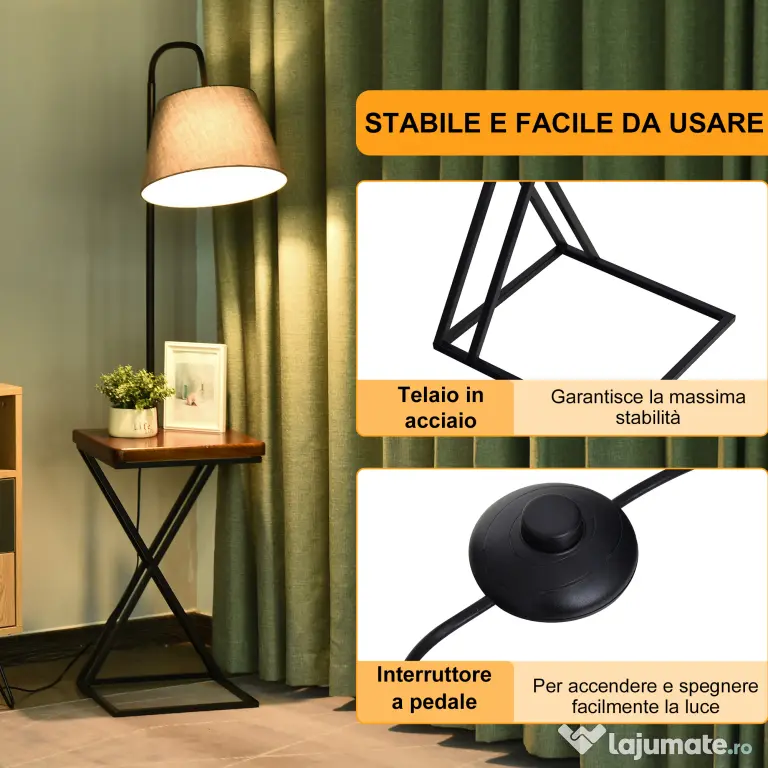 HOMCOM Lampă de Podea Modernă cu Înăcarcător Wireless, Abajur Reglabil și Etajeră Suplimentară, 36x36x165 cm, Negru | Aosom Romania
