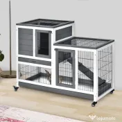 PawHut Cușcă din Lemn pentru Iepuri cu Roți, Tăvițe Detasabile și Căsuță cu Rampă, 110x50x88 cm, Gri și Alb 