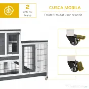 PawHut Cușcă din Lemn pentru Iepuri cu Roți, Tăvițe Detasabile și Căsuță cu Rampă, 110x50x88 cm, Gri și Alb 