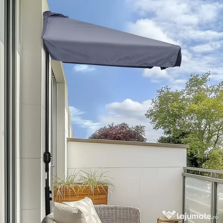 Outsunny Umbrelă Compactă Semicirculară cu Manivelă, Ideală pentru Spații Mici, 230x130x249cm, Gri | Aosom Romania