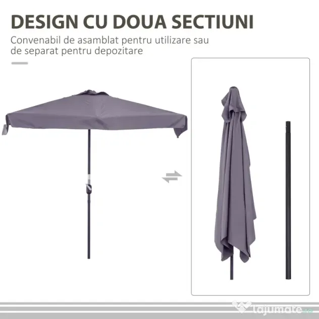 Outsunny Umbrelă Compactă Semicirculară cu Manivelă, Ideală pentru Spații Mici, 230x130x249cm, Gri | Aosom Romania