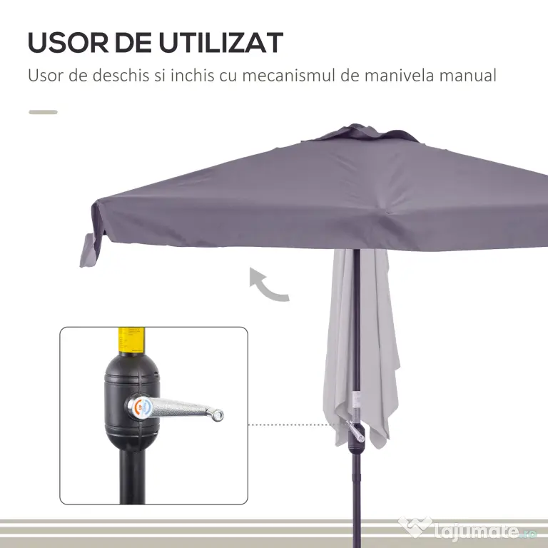 Outsunny Umbrelă Compactă Semicirculară cu Manivelă, Ideală pentru Spații Mici, 230x130x249cm, Gri | Aosom Romania