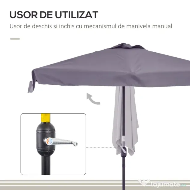 Outsunny Umbrelă Compactă Semicirculară cu Manivelă, Ideală pentru Spații Mici, 230x130x249cm, Gri | Aosom Romania