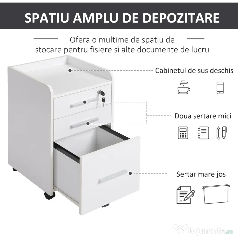 Comoda Suport pentru Documente de Birou cu 3 Sertare Etajera 5 Roti Alb HOMCOM | Aosom RO