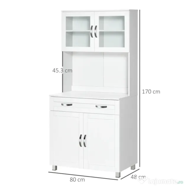 HOMCOM Bufet Înalt de Bucătărie cu Raft pentru Cuptor, Sertar, Uși de Sticlă și Rafturi Reglabile, 80x48x170 cm, Alb | Aosom Romania