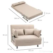 HOMCOM Canapea Extensibilă 2 Locuri, Canapea Tip Pat Modernă cu 4 Perne Incluse, Cadru din Oțel și Tapițerie Textilă, Crem 