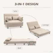 HOMCOM Canapea Extensibilă 2 Locuri, Canapea Tip Pat Modernă cu 4 Perne Incluse, Cadru din Oțel și Tapițerie Textilă, Crem 