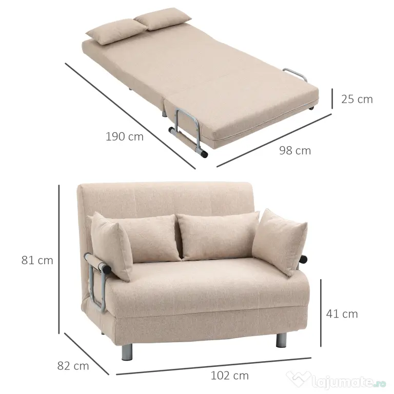 HOMCOM Canapea Extensibilă cu 2 Locuri, Spătar Reglabil și 4 Perne Tapițate, 102x82x81 cm, Bej | Aosom Romania