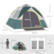 Outsunny Cort pentru Camping pentru 2 Persoane, Cort pentru Exterior Automatic Pop Up cu Copertina, Buzunare Interioare si Covoras, 205x195x135cm