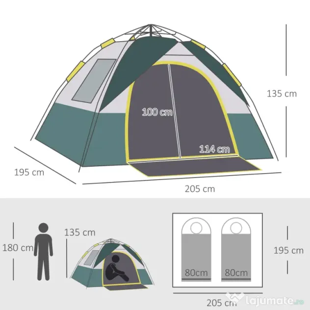 Outsunny Cort pentru Camping pentru 2 Persoane, Cort pentru Exterior Automatic Pop Up cu Copertina, Buzunare Interioare si Covoras, 205x195x135cm
