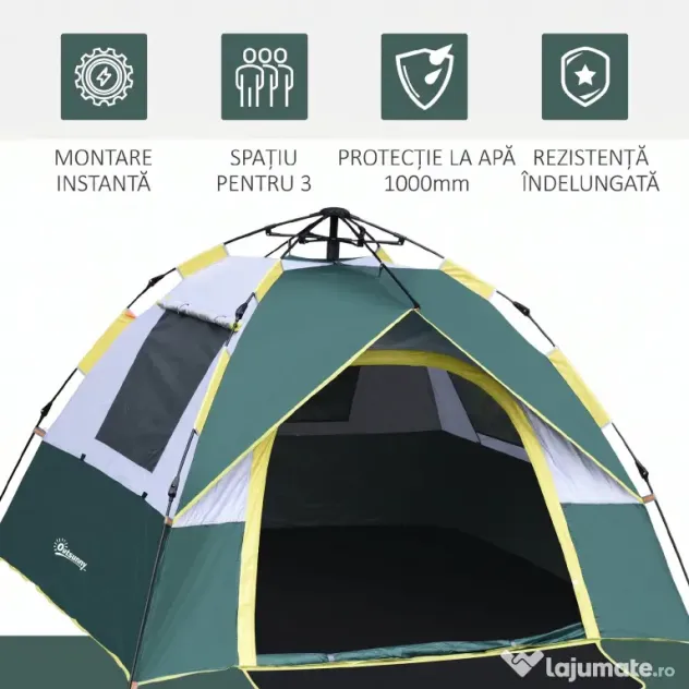 Outsunny Cort pentru Camping pentru 2 Persoane, Cort pentru Exterior Automatic Pop Up cu Copertina, Buzunare Interioare si Covoras, 205x195x135cm