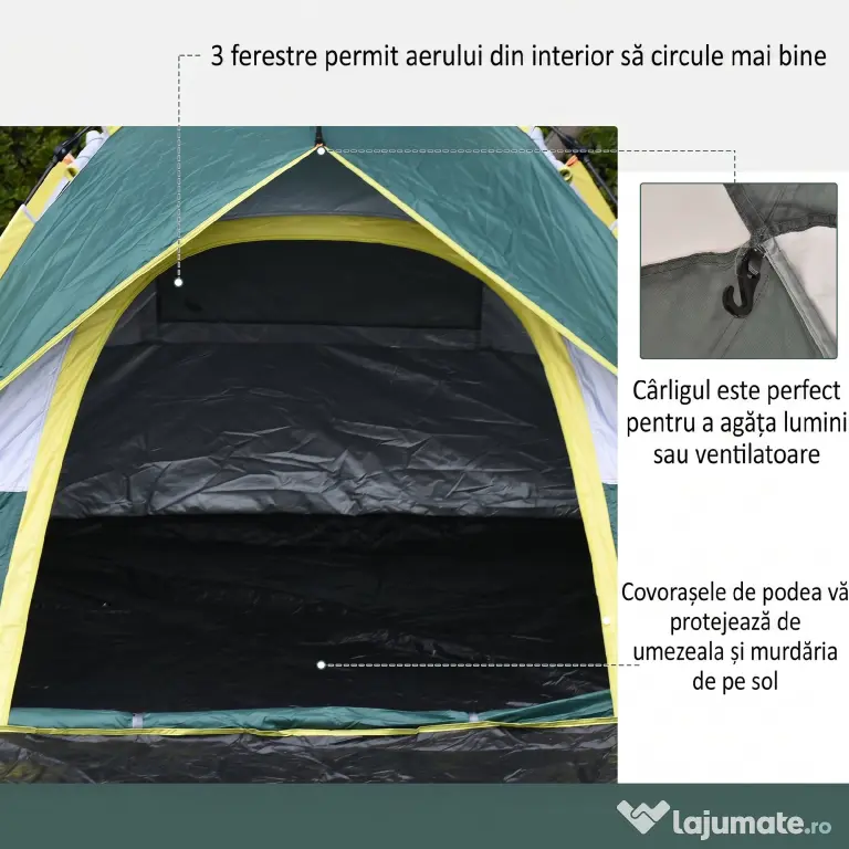 Outsunny Cort pentru Camping pentru 2 Persoane, Cort pentru Exterior Automatic Pop Up cu Copertina, Buzunare Interioare si Covoras, 205x195x135cm