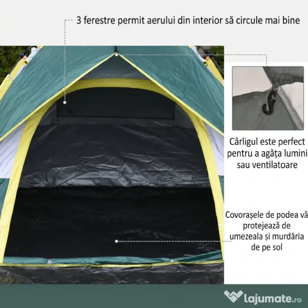 Outsunny Cort pentru Camping pentru 2 Persoane, Cort pentru Exterior Automatic Pop Up cu Copertina, Buzunare Interioare si Covoras, 205x195x135cm