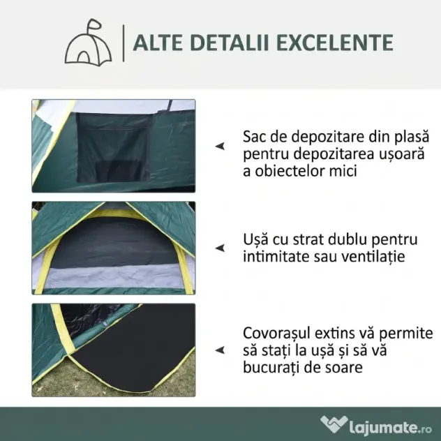 Outsunny Cort pentru Camping pentru 2 Persoane, Cort pentru Exterior Automatic Pop Up cu Copertina, Buzunare Interioare si Covoras, 205x195x135cm