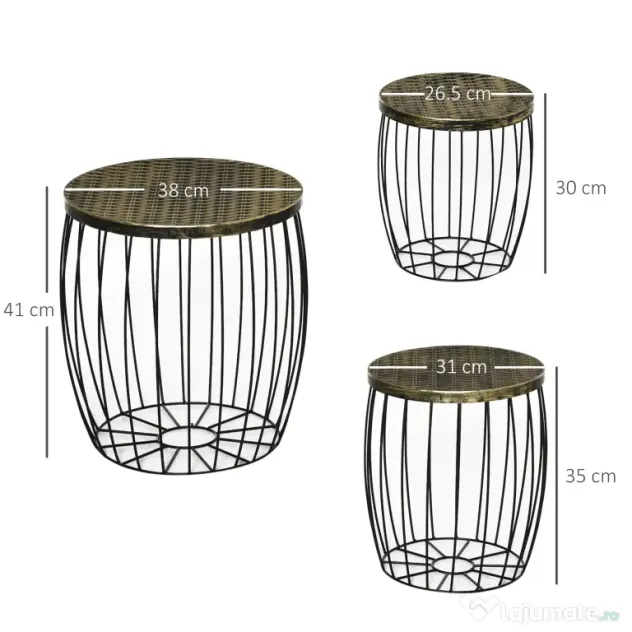 Outsunny Set 3 Masute de Gradina Stil Industrial Stivuibile din Metal Negru | Aosom Romania