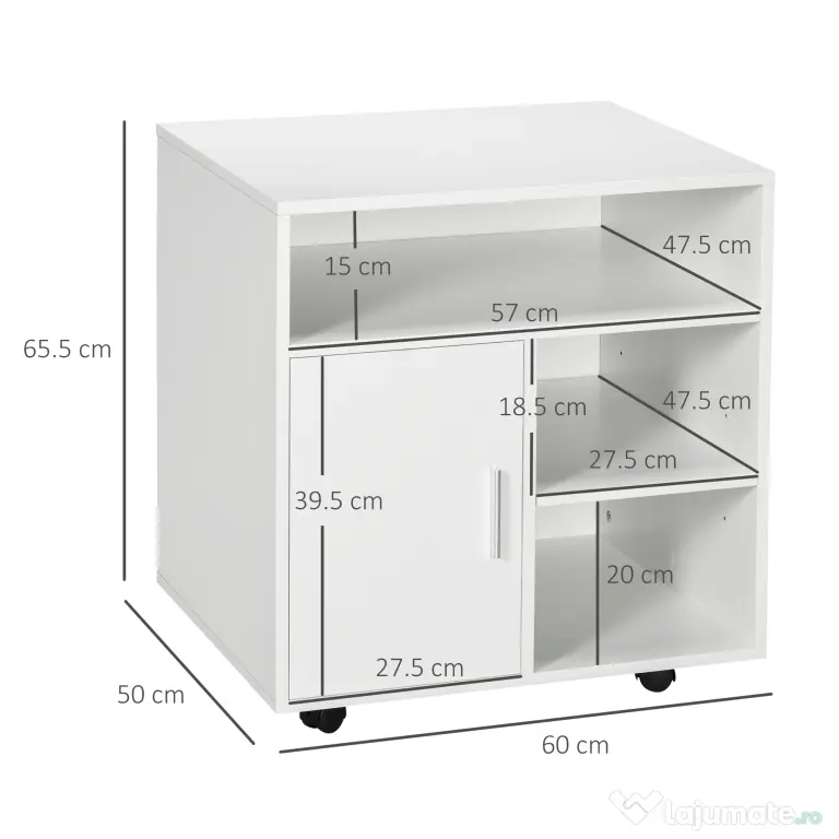 HOMCOM dulap cu sertare, cu 4 roti si 2 frane, usor de mutat, Dulap birou din Lemn, cu Rafturi Deschise, 60x50x65.5cm, Alb | Aosom Romania